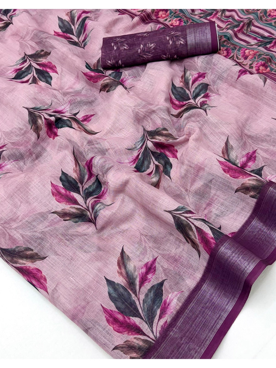 Peachmode Pink Purple Abstract Printed Linen Saree - Image 5