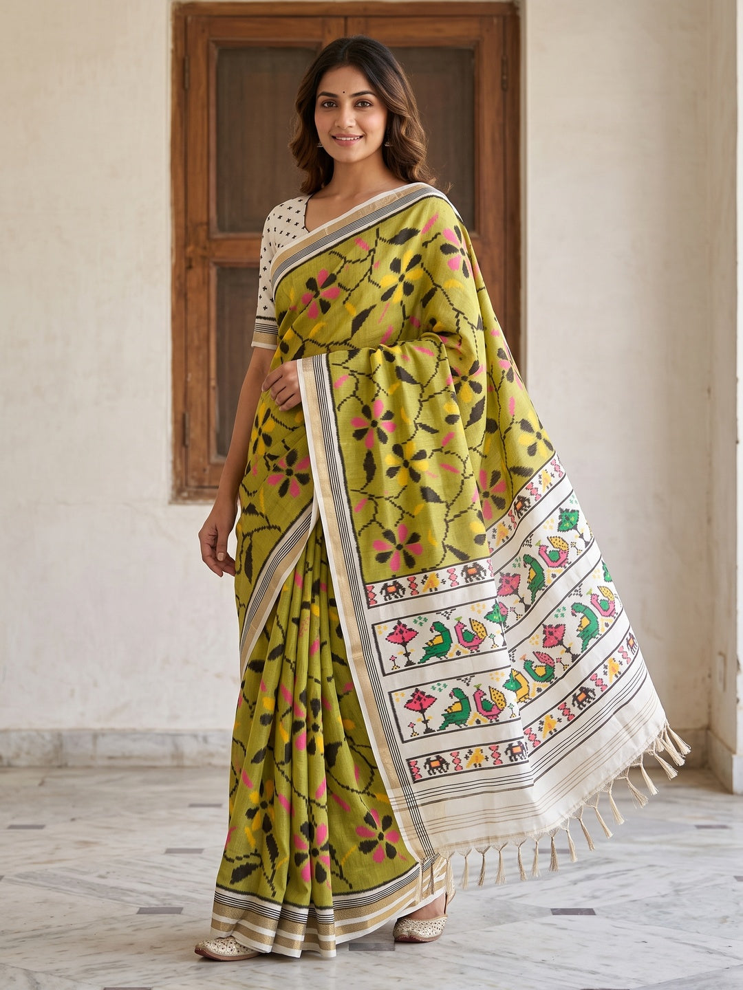 Peachmode Green Ikkat Floral Printed Mul Cotton Saree - Image 1