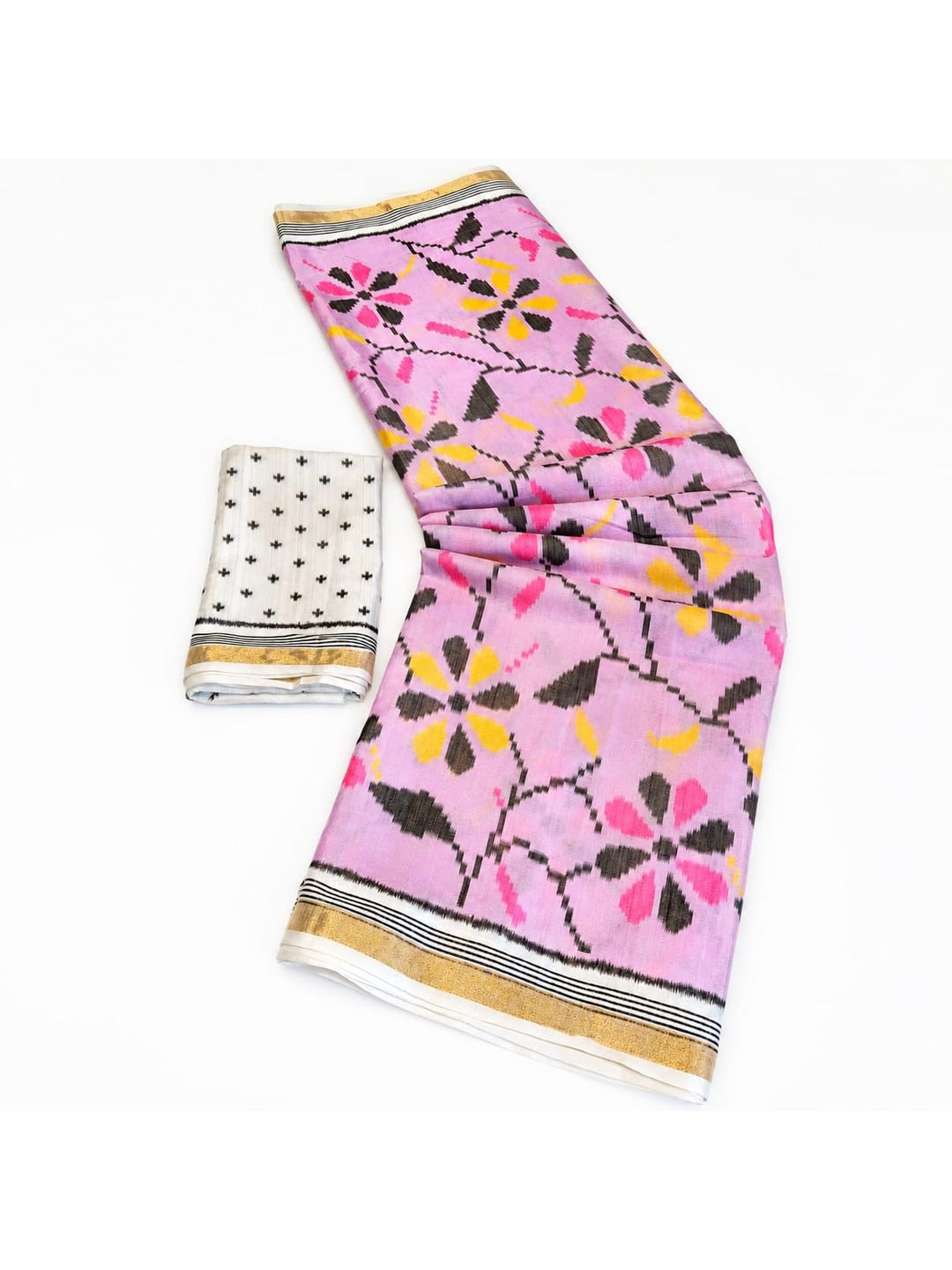 Peachmode Pink Ikkat Floral Printed Mul Cotton Saree - Image 3
