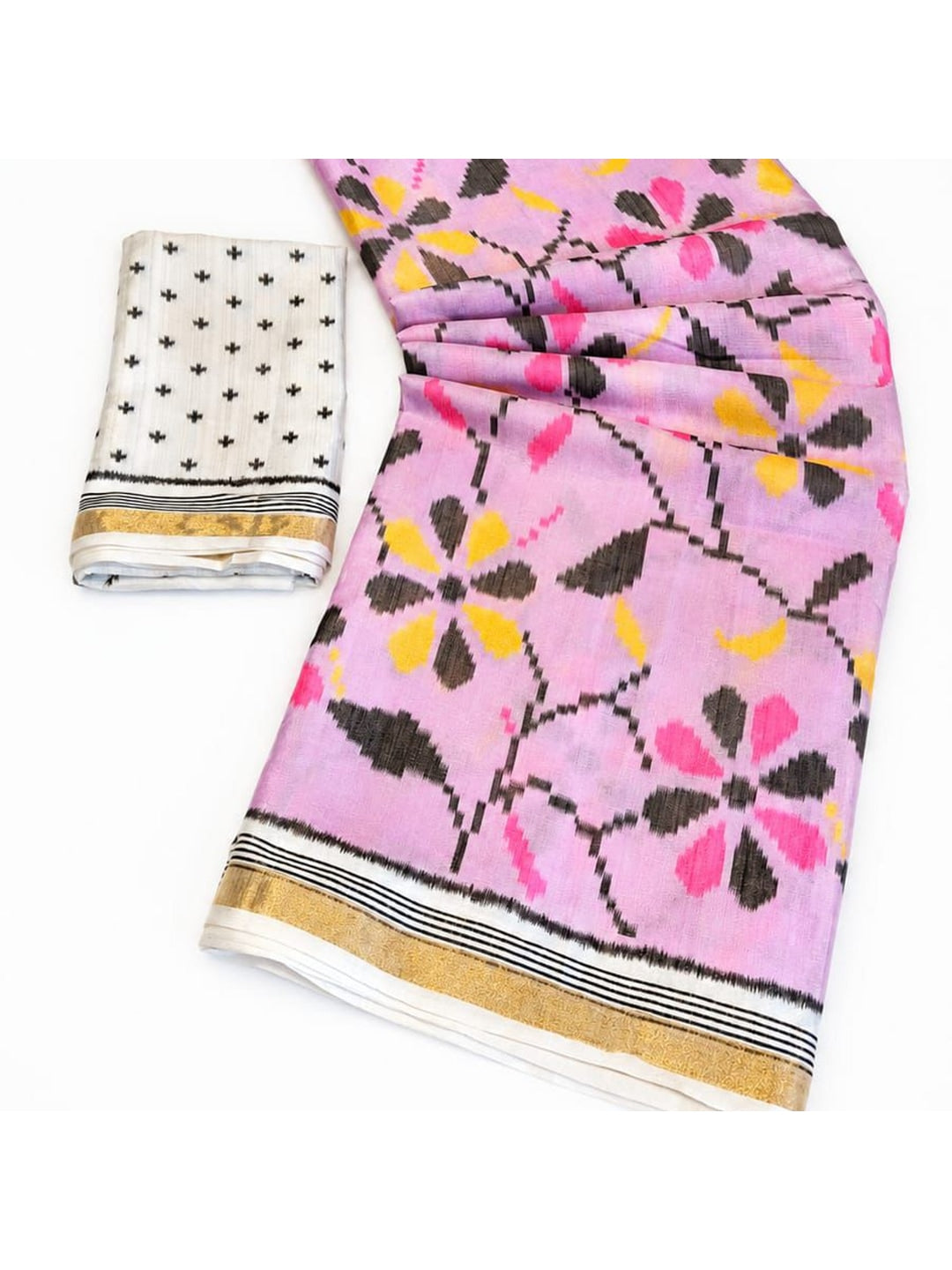 Peachmode Pink Ikkat Floral Printed Mul Cotton Saree - Image 5