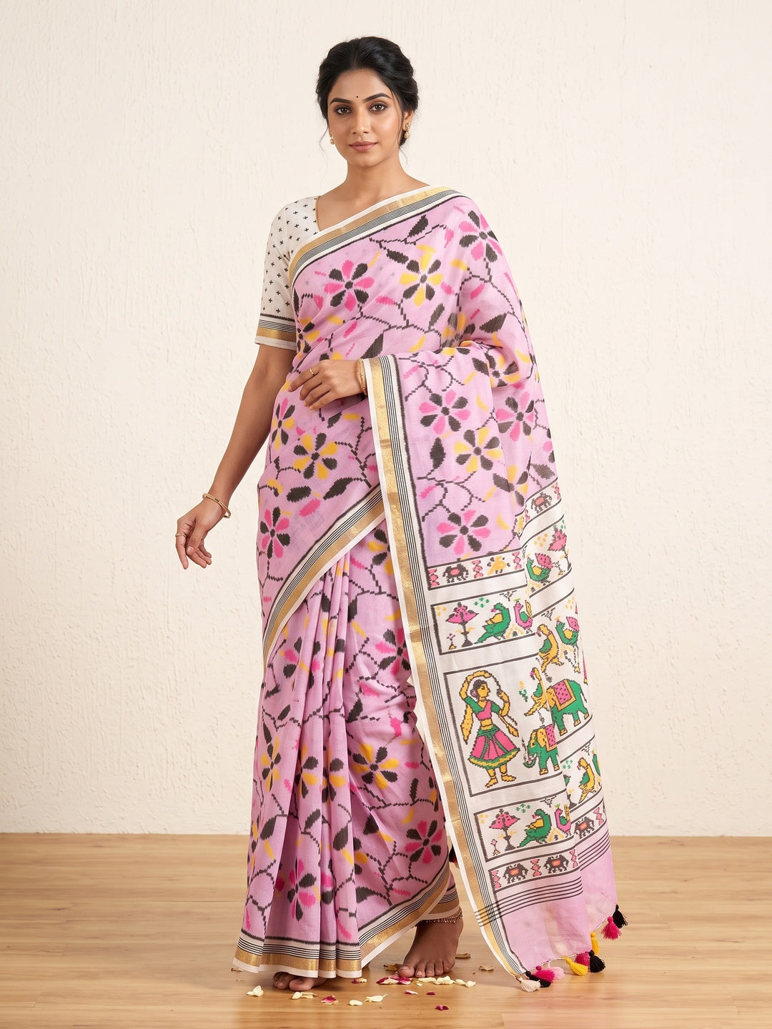 Peachmode Pink Ikkat Floral Printed Mul Cotton Saree - Image 1