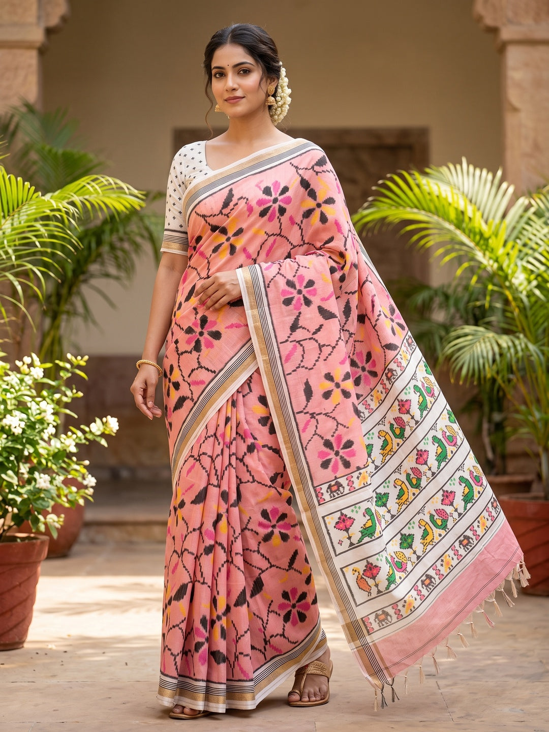 Peachmode Salmon Ikkat Floral Printed Mul Cotton Saree - Image 1
