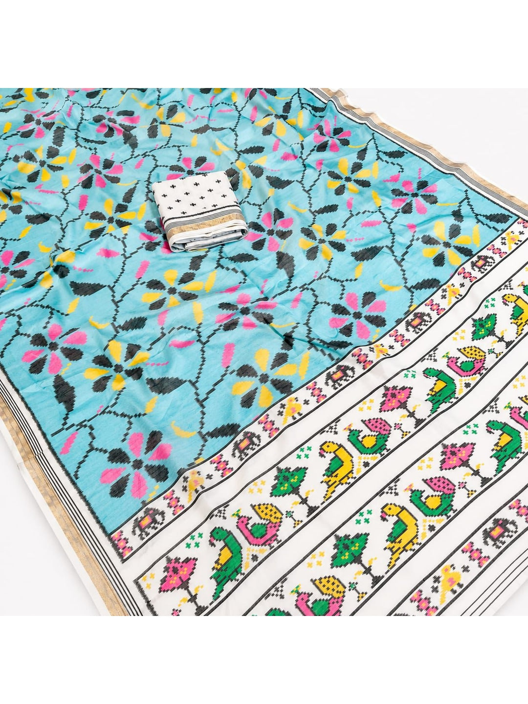 Peachmode Blue Ikkat Floral Printed Mul Cotton Saree - Image 2