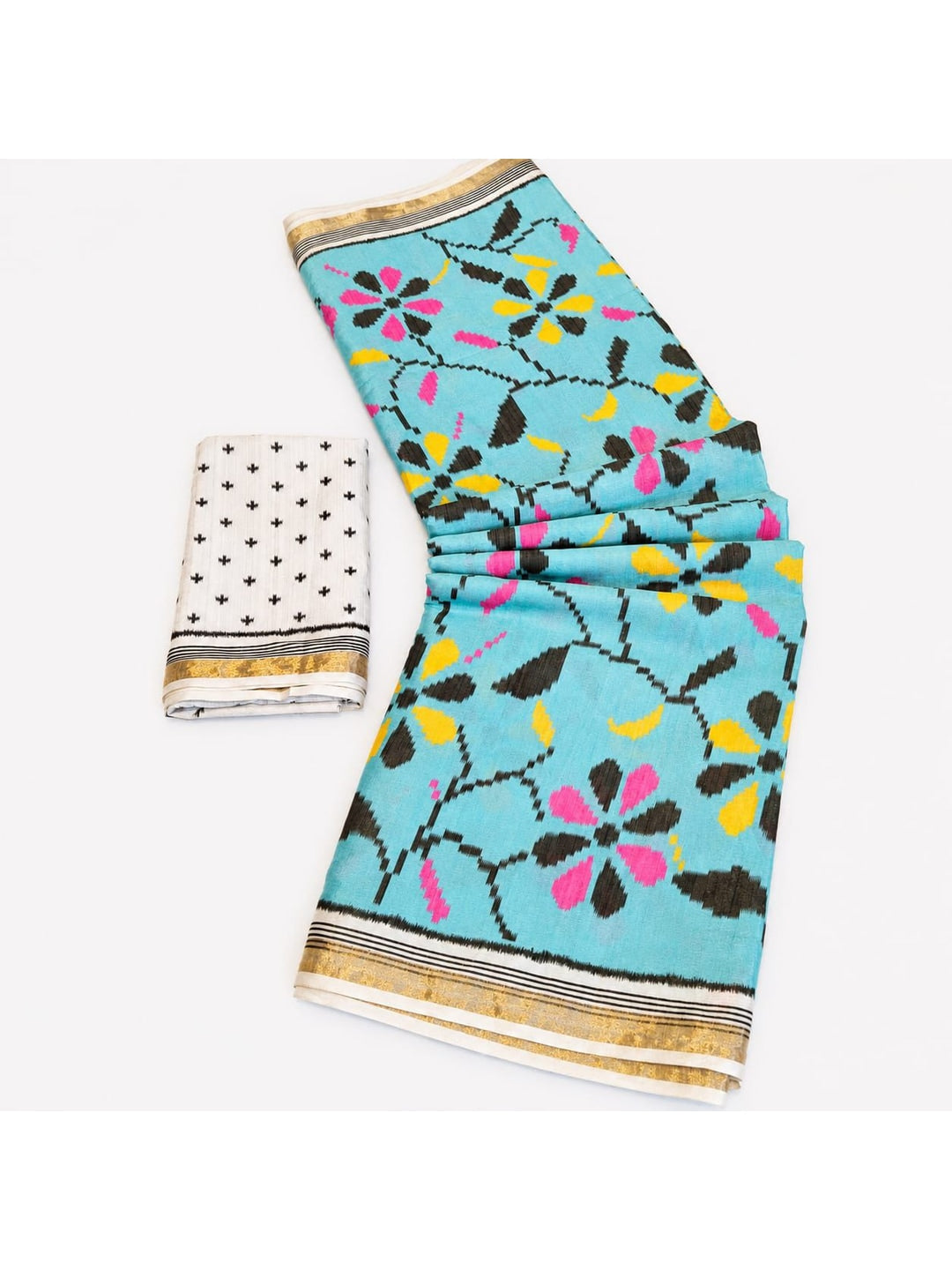 Peachmode Blue Ikkat Floral Printed Mul Cotton Saree - Image 3