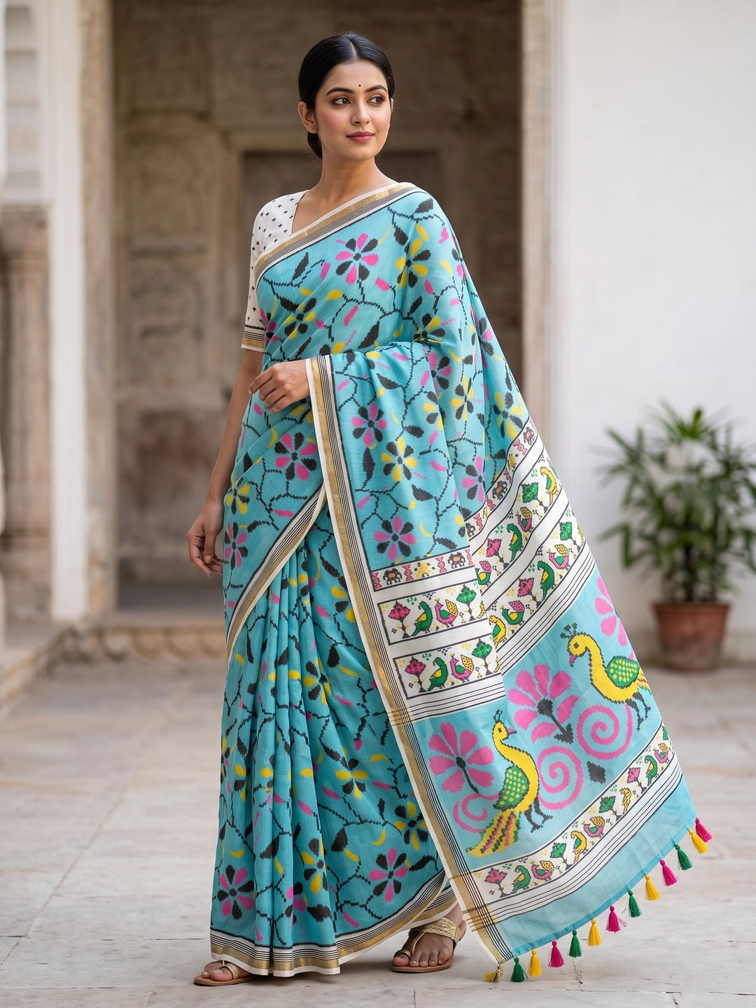Peachmode Blue Ikkat Floral Printed Mul Cotton Saree - Image 1