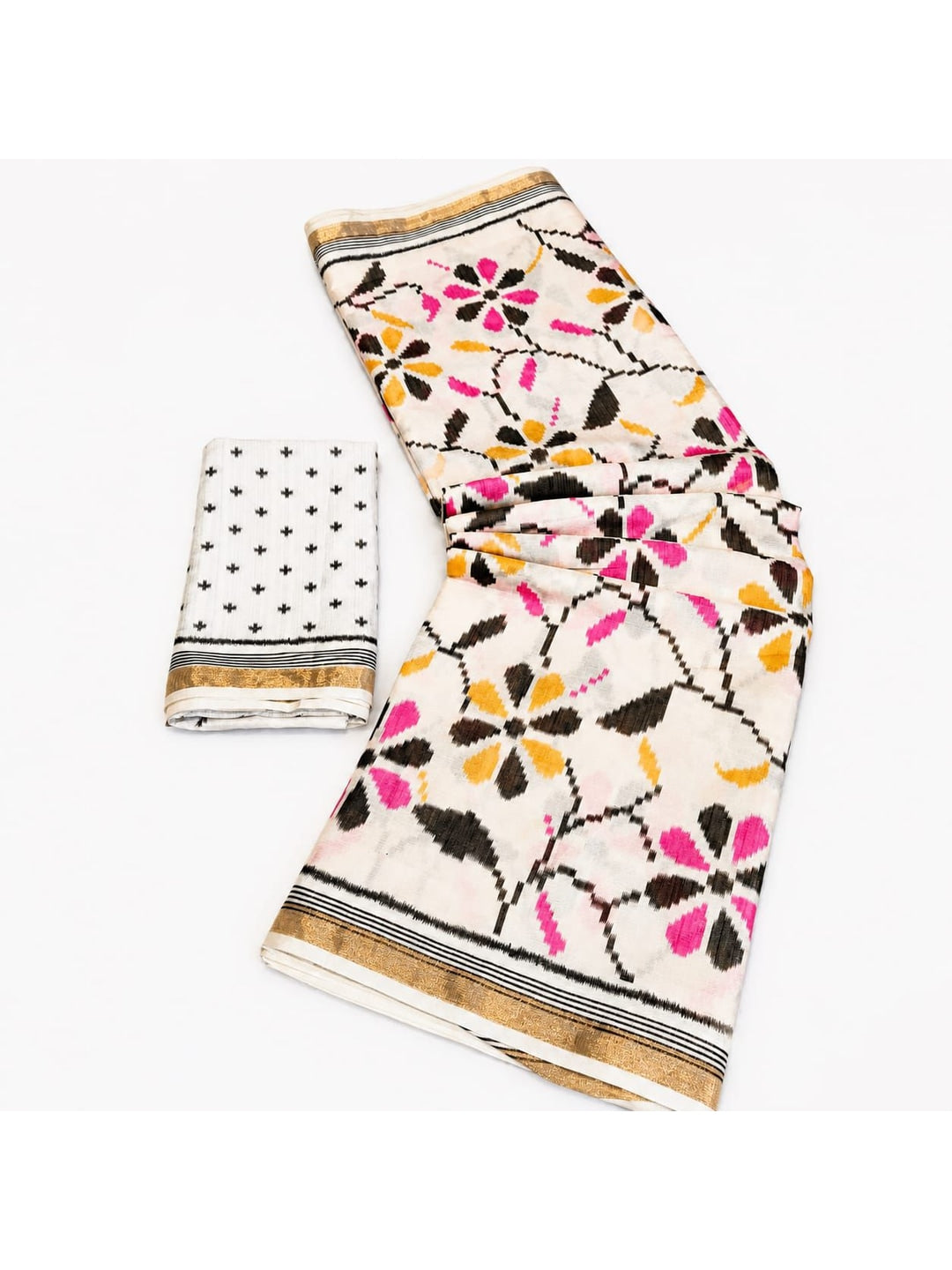 Peachmode White Ikkat Floral Printed Mul Cotton Saree - Image 3