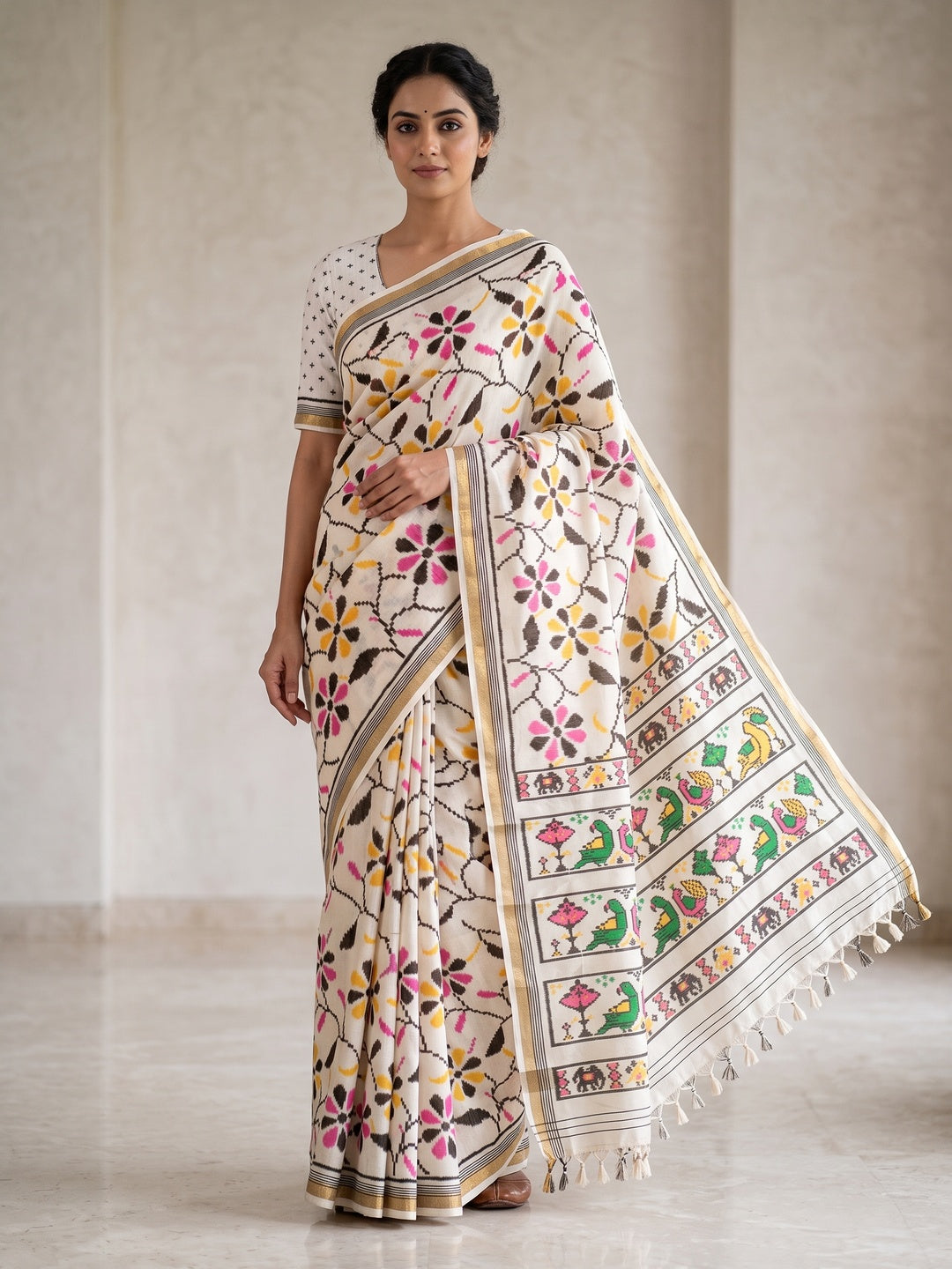 Peachmode White Ikkat Floral Printed Mul Cotton Saree - Image 1