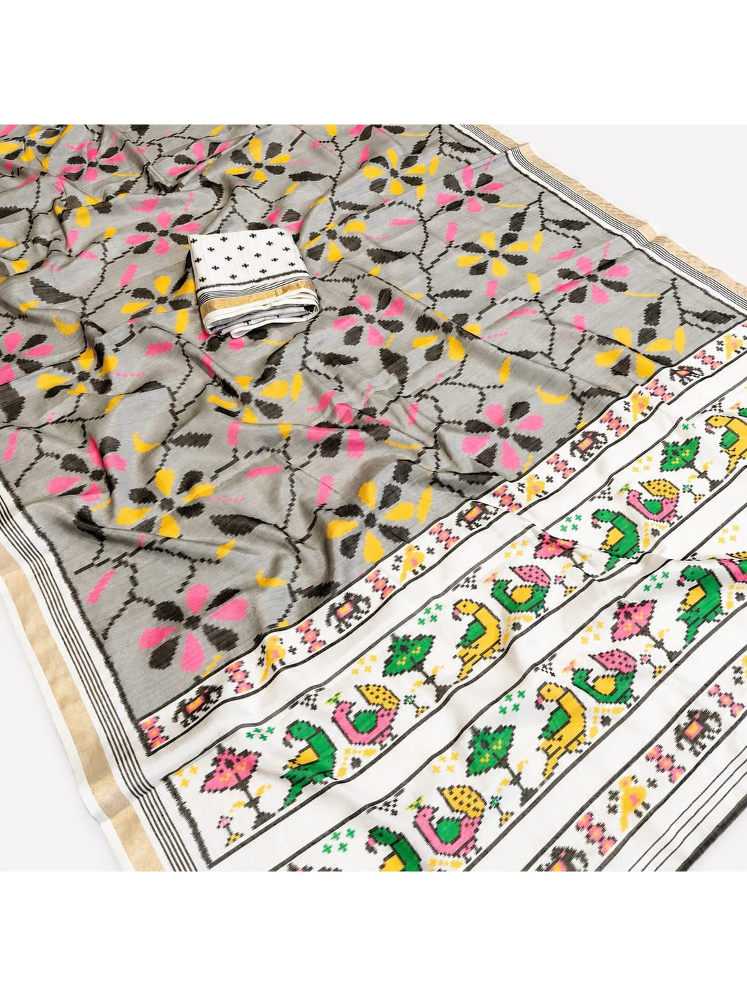 Peachmode Grey Ikkat Floral Printed Mul Cotton Saree - Image 2