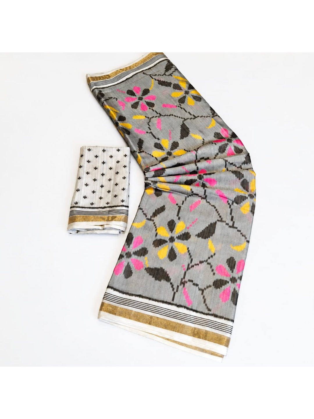 Peachmode Grey Ikkat Floral Printed Mul Cotton Saree - Image 3