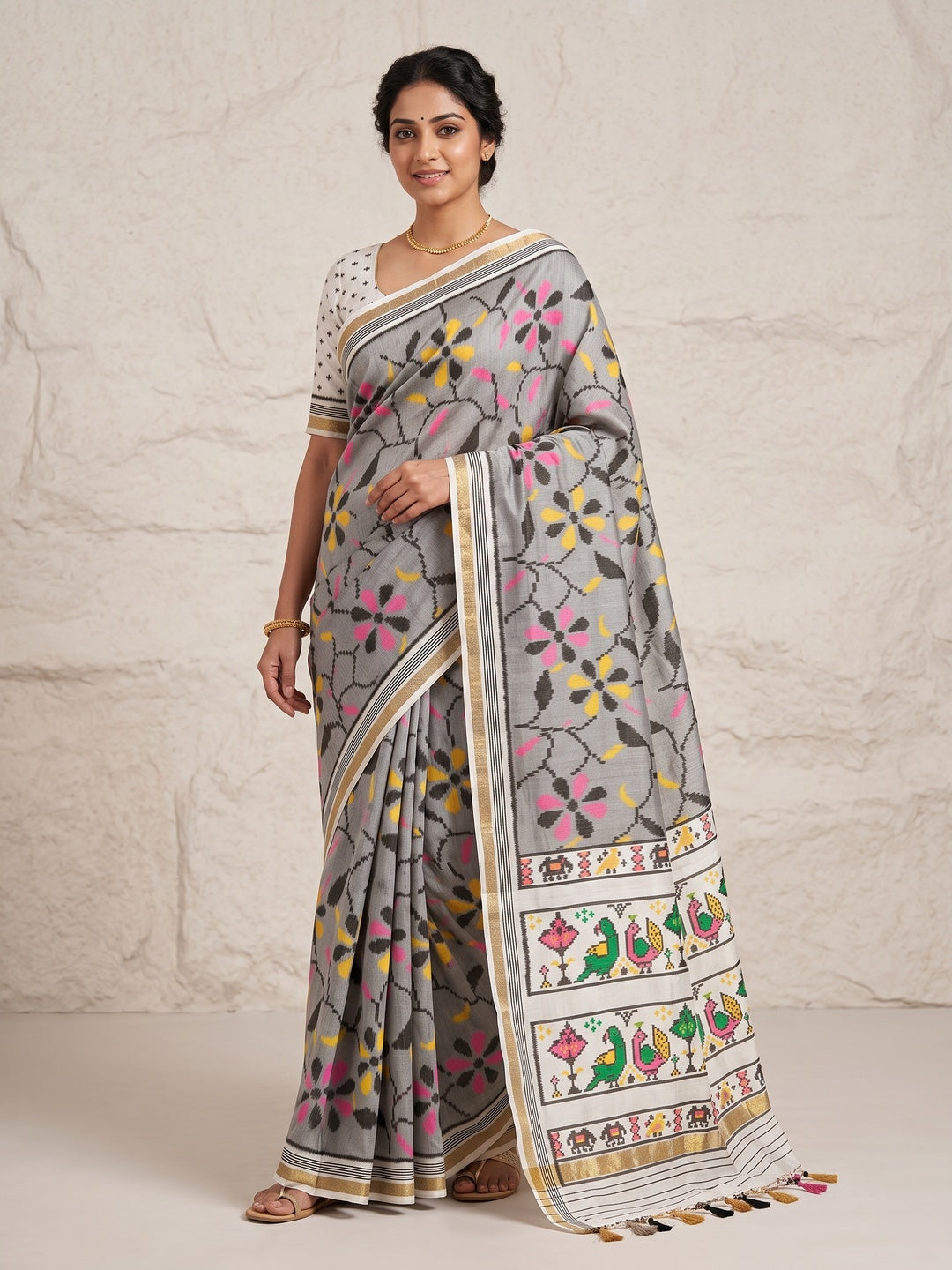 Peachmode Grey Ikkat Floral Printed Mul Cotton Saree - Image 1