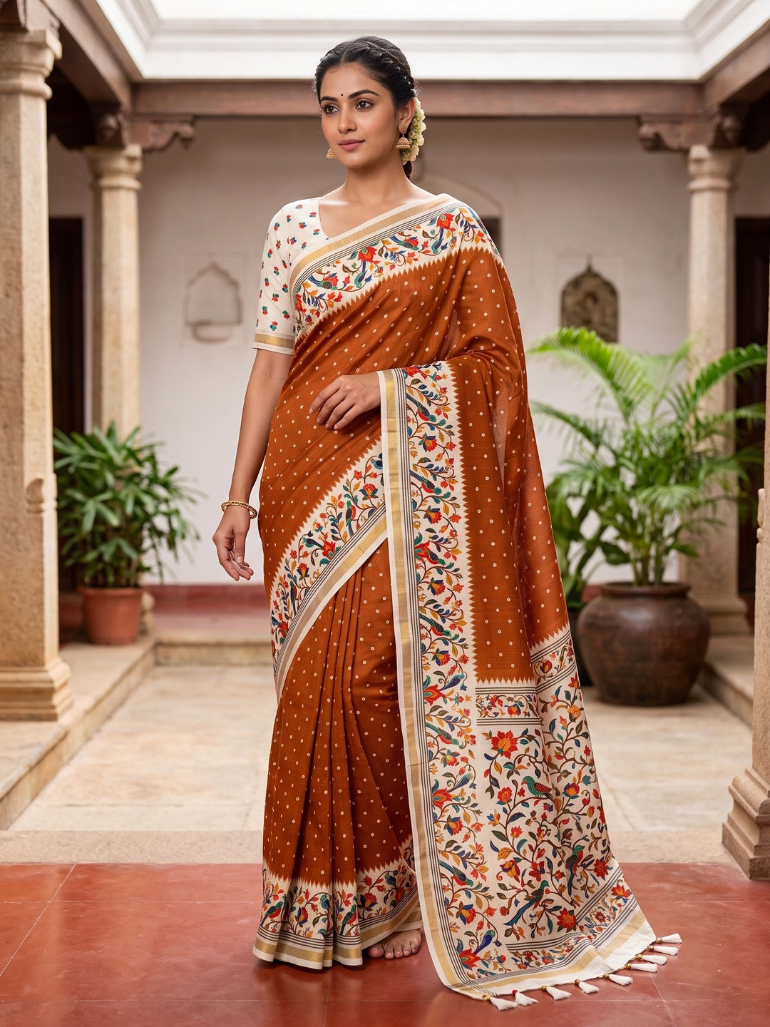 Peachmode Brown Ikkat Border Mulmul Cotton Saree - Image 1