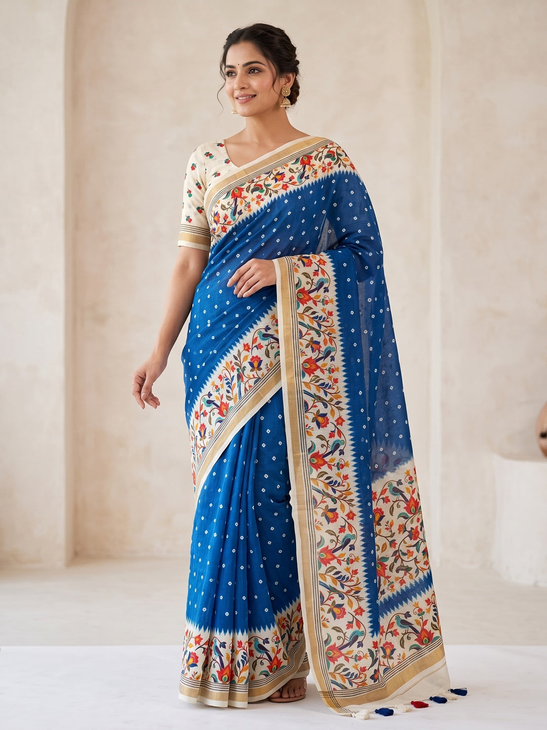 Peachmode Blue Ikkat Border Mulmul Cotton Saree - Image 1