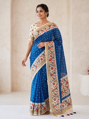 Peachmode Blue Ikkat Border Mulmul Cotton Saree - Image 1
