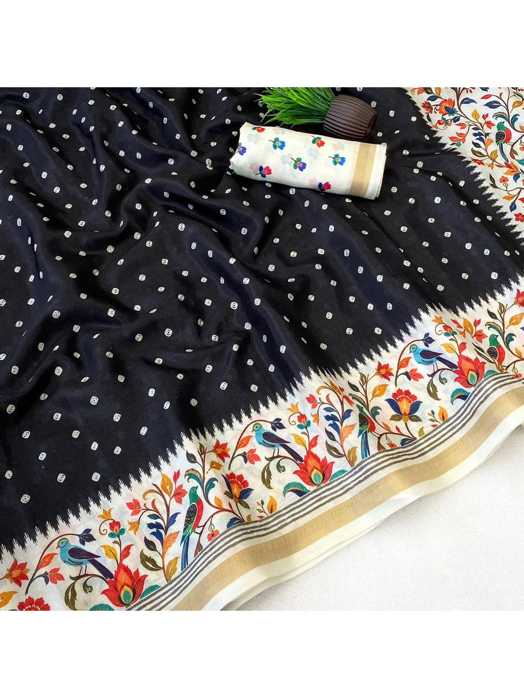 Peachmode Black Ikkat Border Mulmul Cotton Saree - Image 4