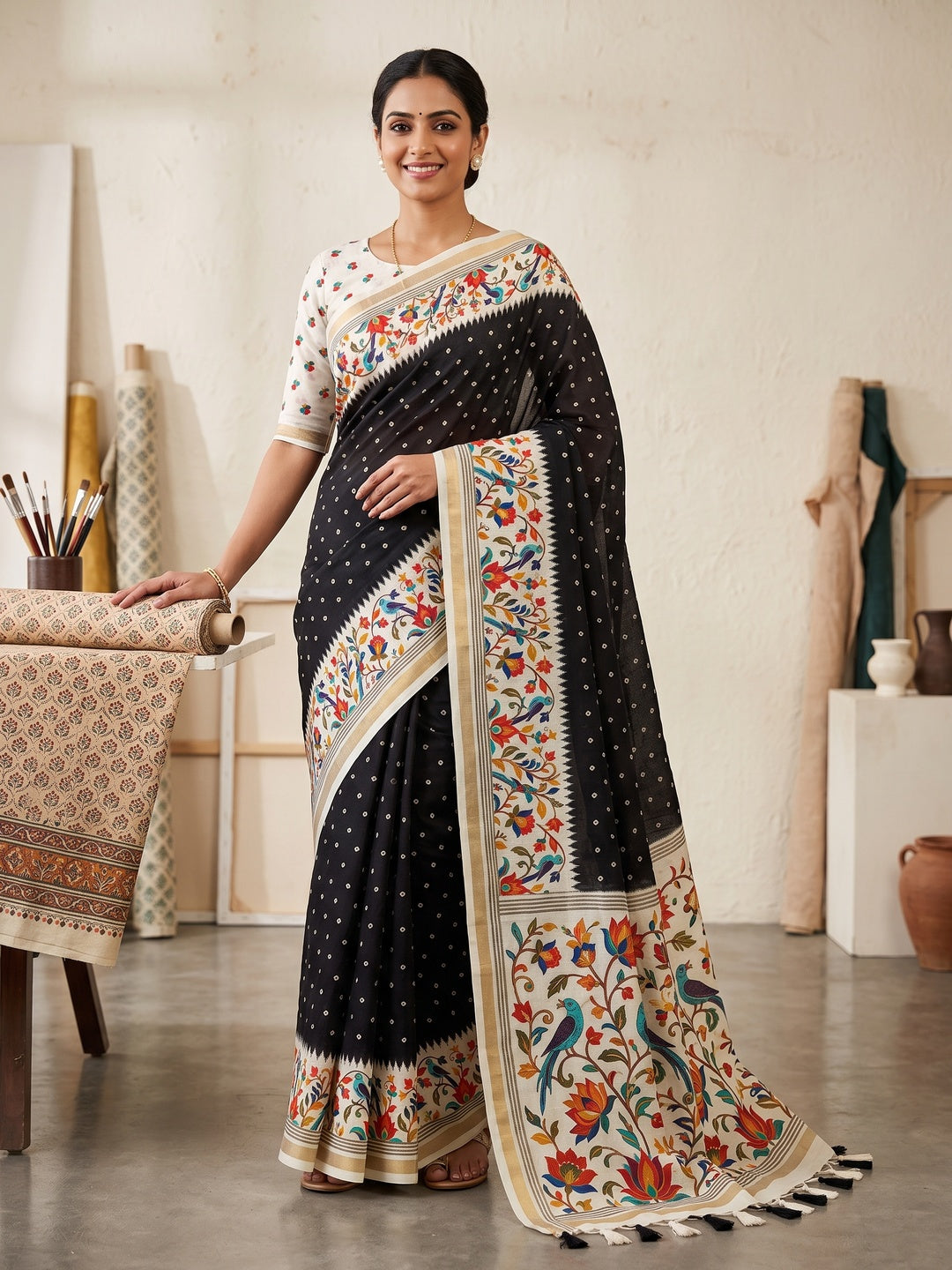 Peachmode Black Ikkat Border Mulmul Cotton Saree - Image 1
