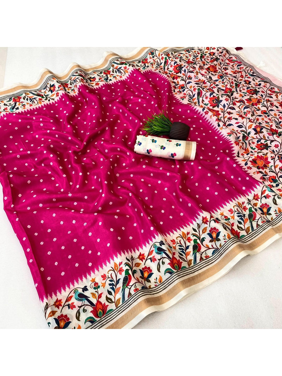 Peachmode Pink Ikkat Border Mulmul Cotton Saree - Image 2