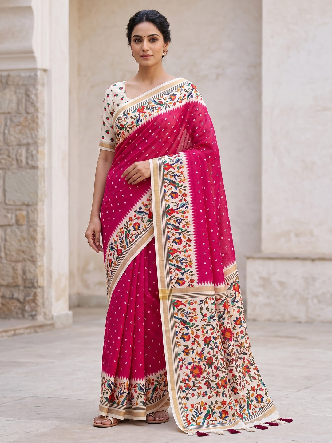 Peachmode Pink Ikkat Border Mulmul Cotton Saree - Image 1
