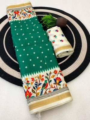 Peachmode Green Ikkat Border Mulmul Cotton Saree - Image 2