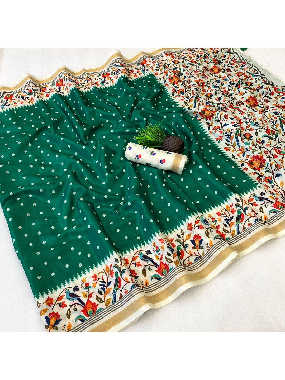 Peachmode Green Ikkat Border Mulmul Cotton Saree - Image 3