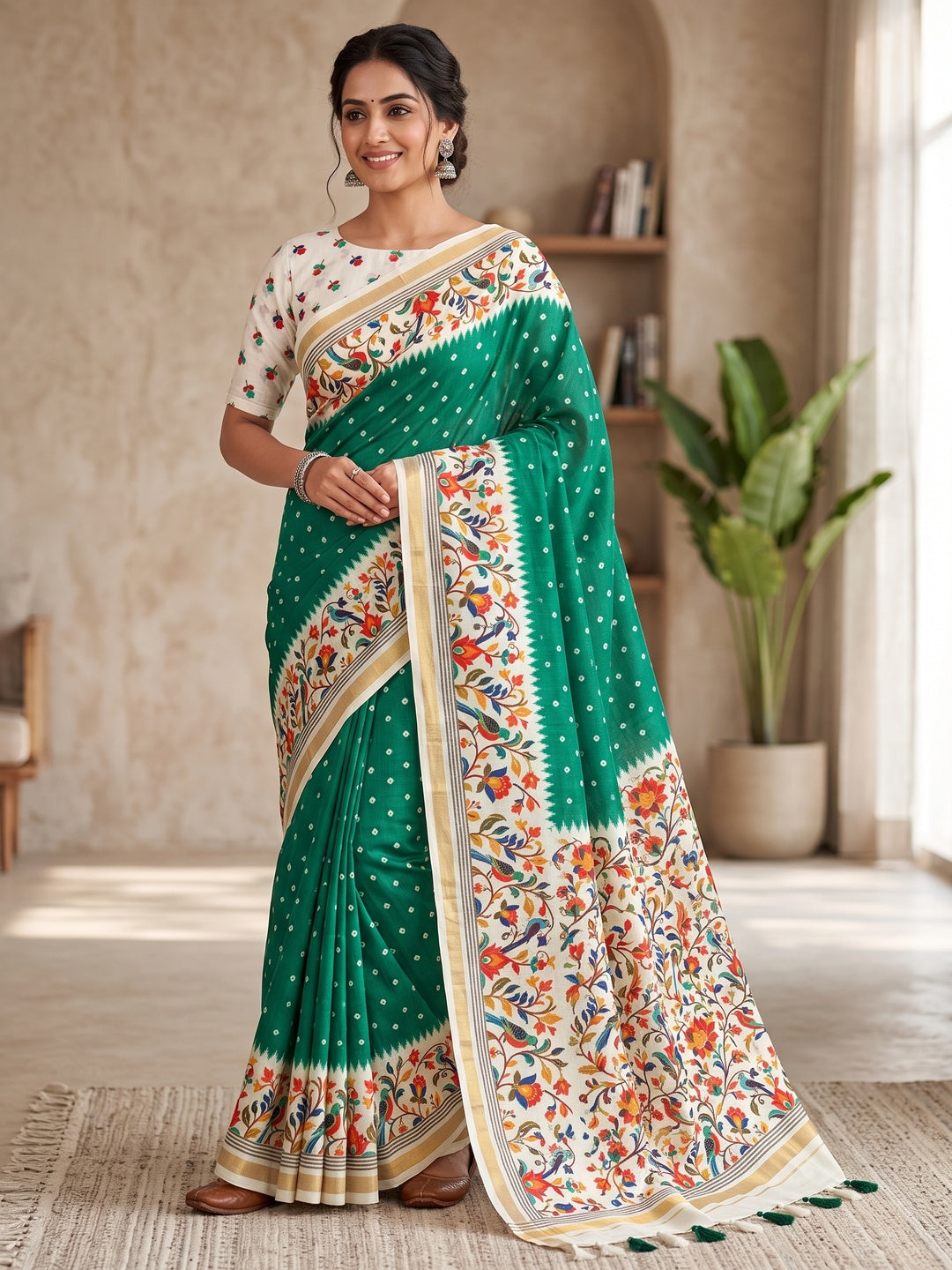 Peachmode Green Ikkat Border Mulmul Cotton Saree - Image 1