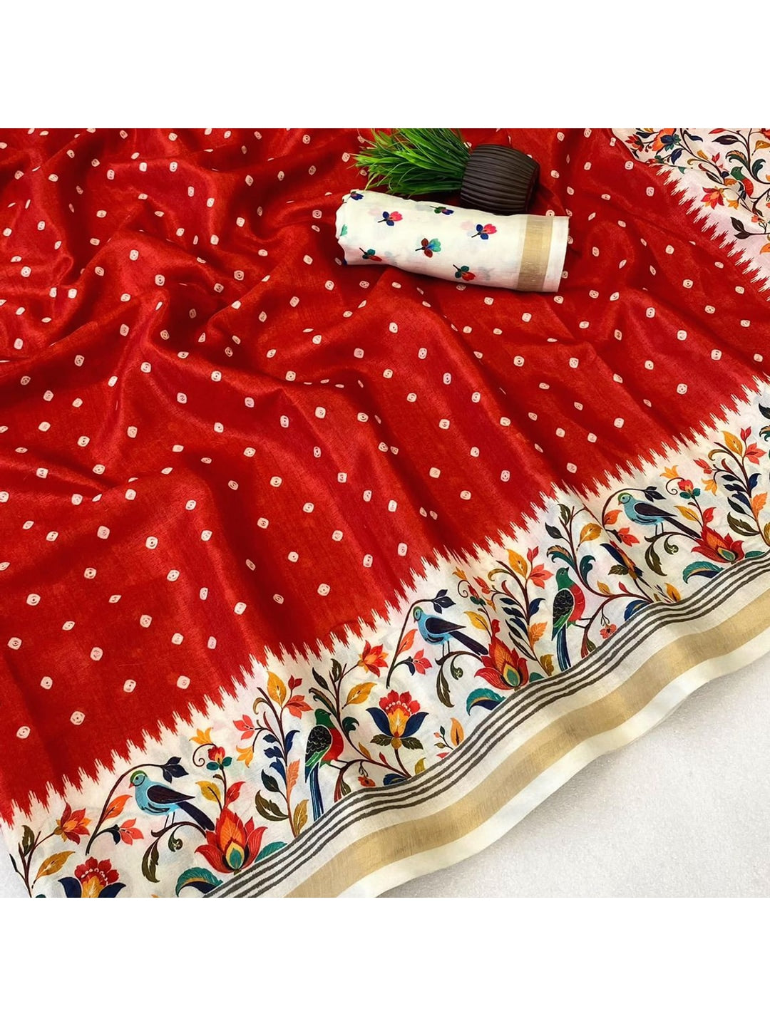 Peachmode Red Ikkat Border Mulmul Cotton Saree - Image 5