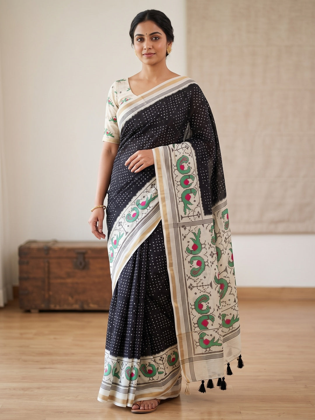 Peachmode Black Ikkat Bandhni Mulmul Cotton Saree - Image 1