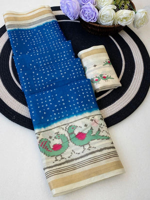 Peachmode Blue Ikkat Bandhni Mulmul Cotton Saree - Image 2