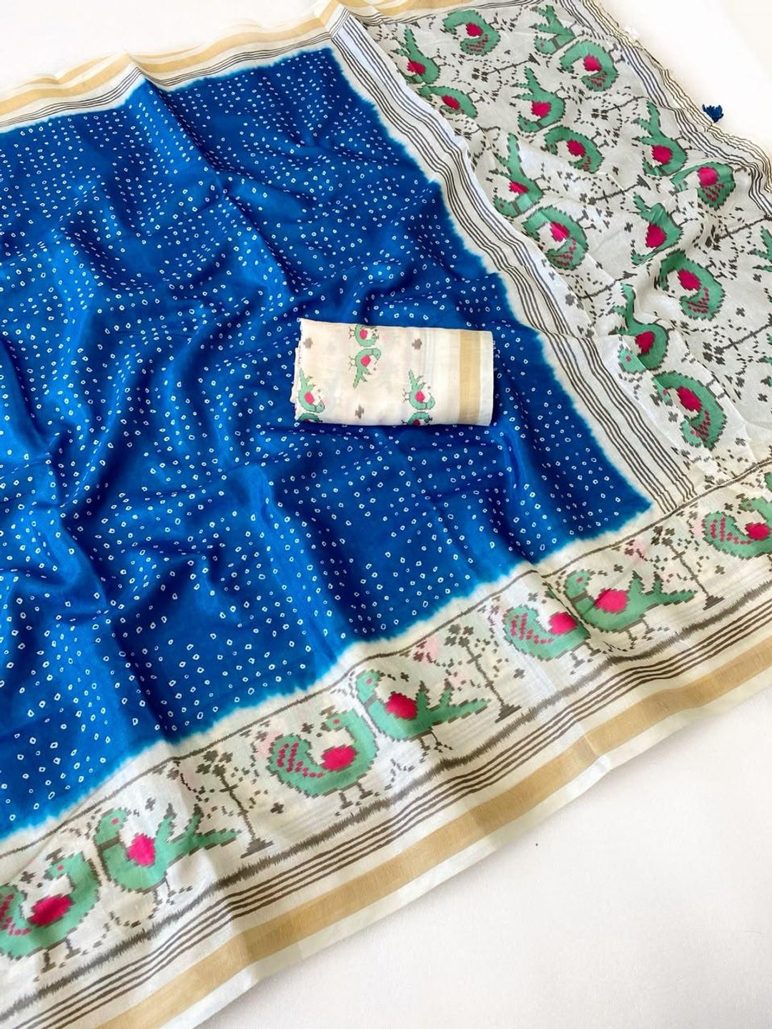 Peachmode Blue Ikkat Bandhni Mulmul Cotton Saree - Image 3