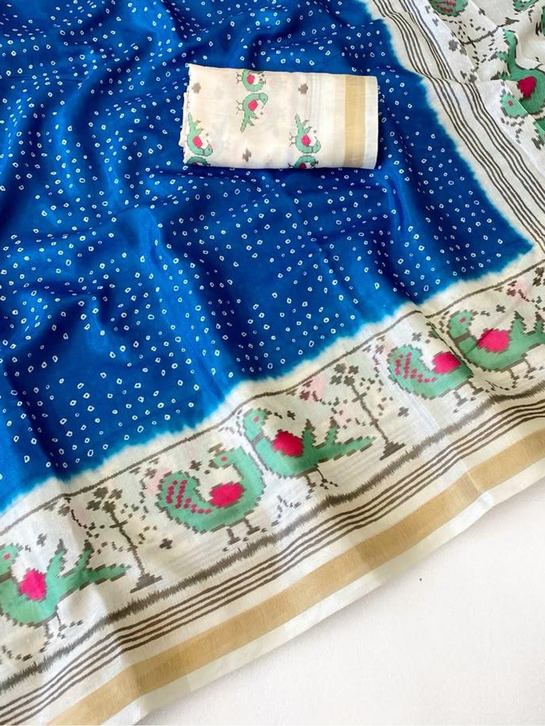Peachmode Blue Ikkat Bandhni Mulmul Cotton Saree - Image 5