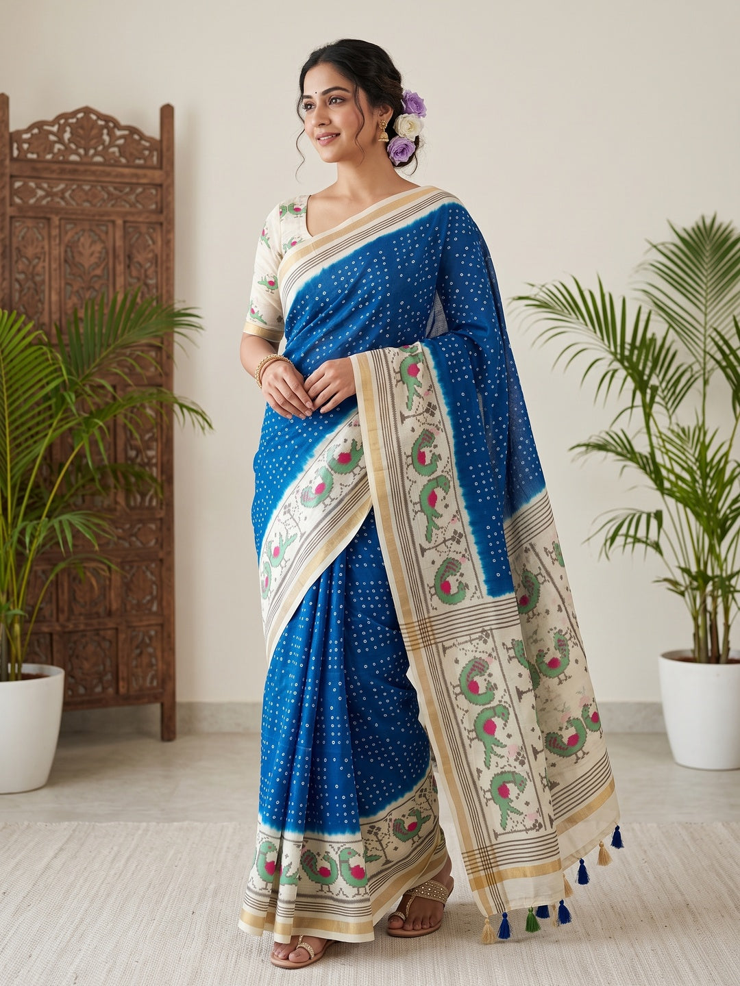 Peachmode Blue Ikkat Bandhni Mulmul Cotton Saree - Image 1
