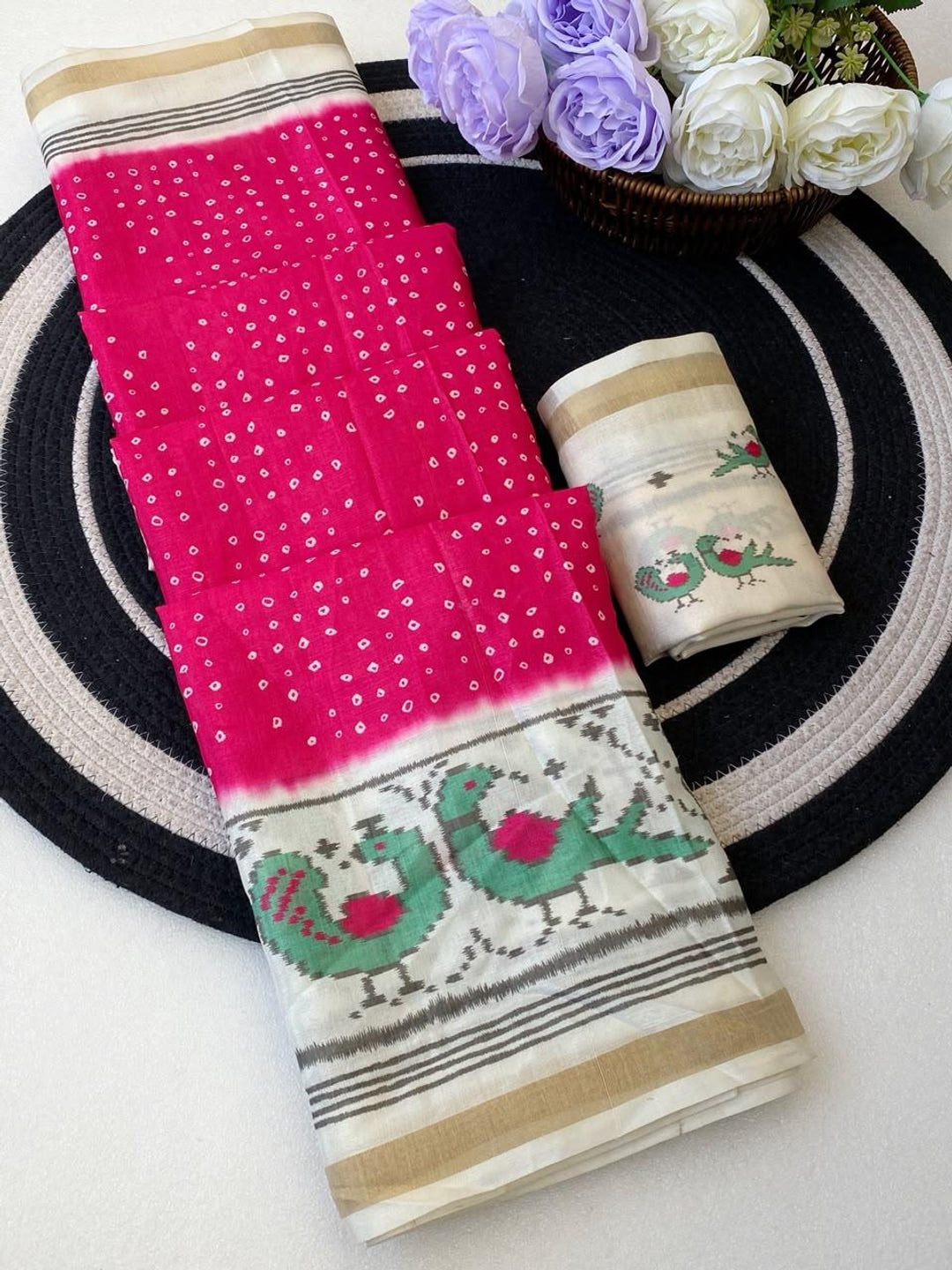 Peachmode Pink Ikkat Bandhni Mulmul Cotton Saree - Image 2
