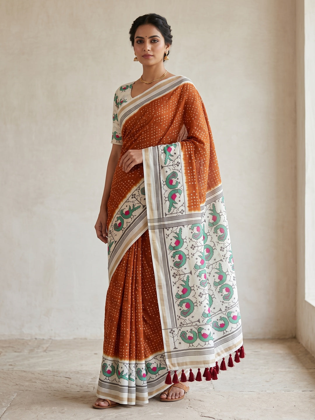Peachmode Brown Ikkat Bandhni Mulmul Cotton Saree - Image 1
