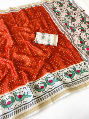 Peachmode Orange Ikkat Bandhni Mulmul Cotton Saree - Image 2