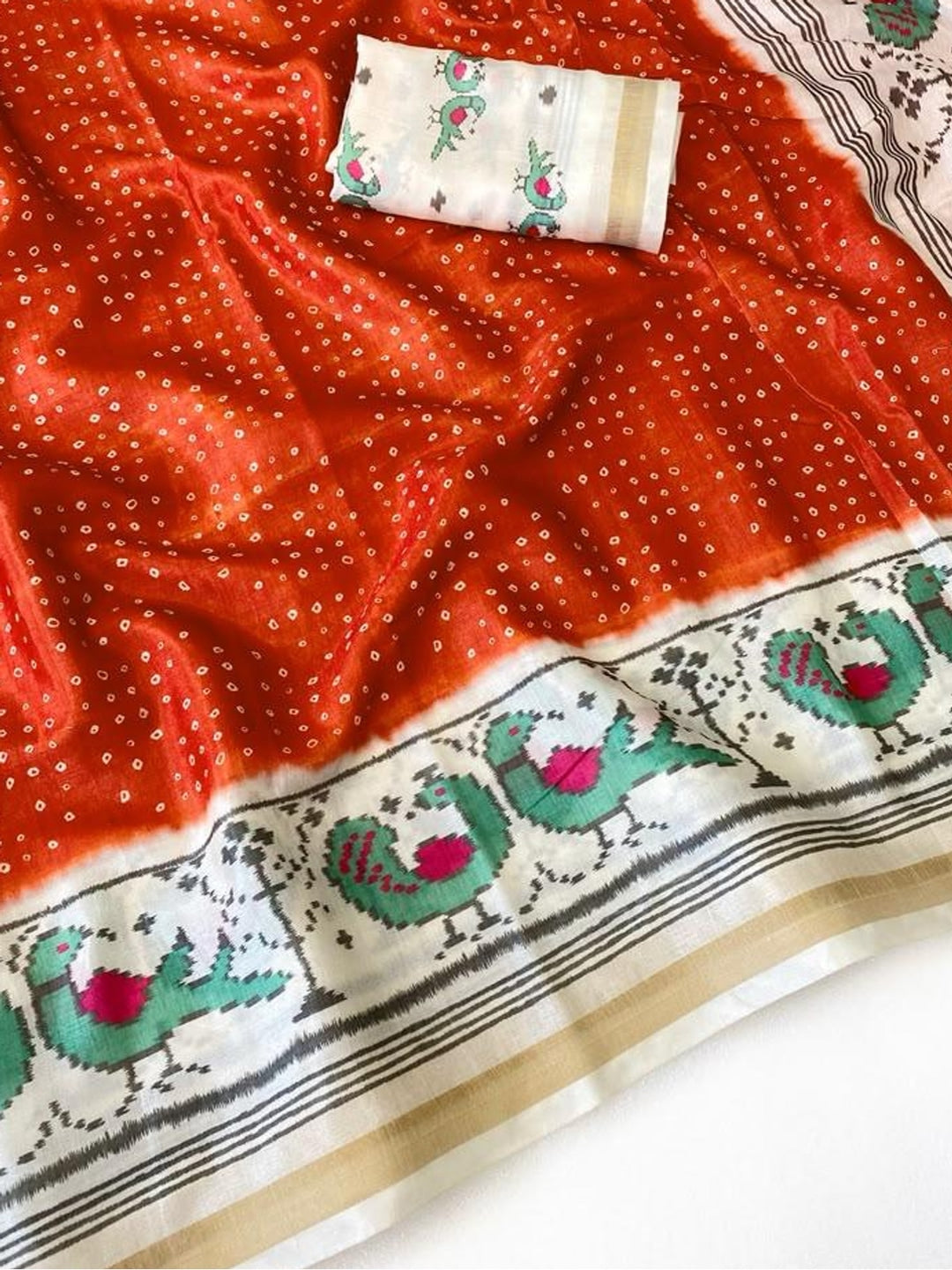 Peachmode Orange Ikkat Bandhni Mulmul Cotton Saree - Image 4