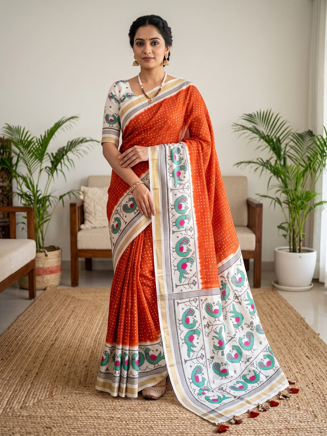 Peachmode Orange Ikkat Bandhni Mulmul Cotton Saree - Image 1