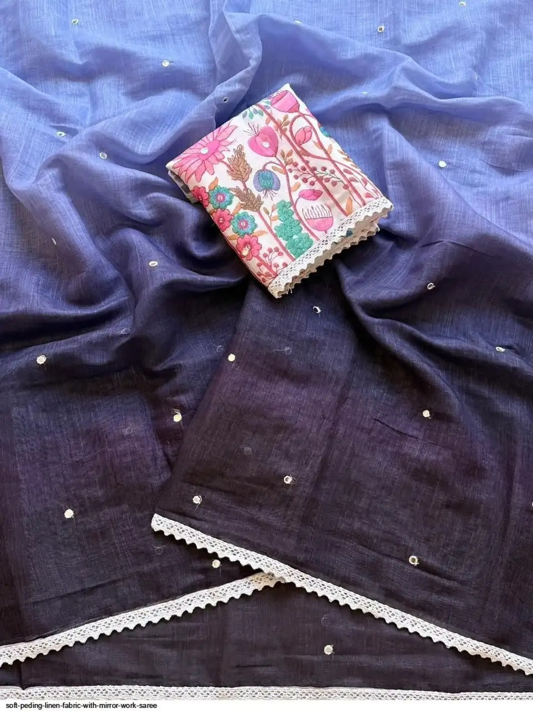 Peachmode Black Lavender Ombre Linen Cotton Saree - Image 3