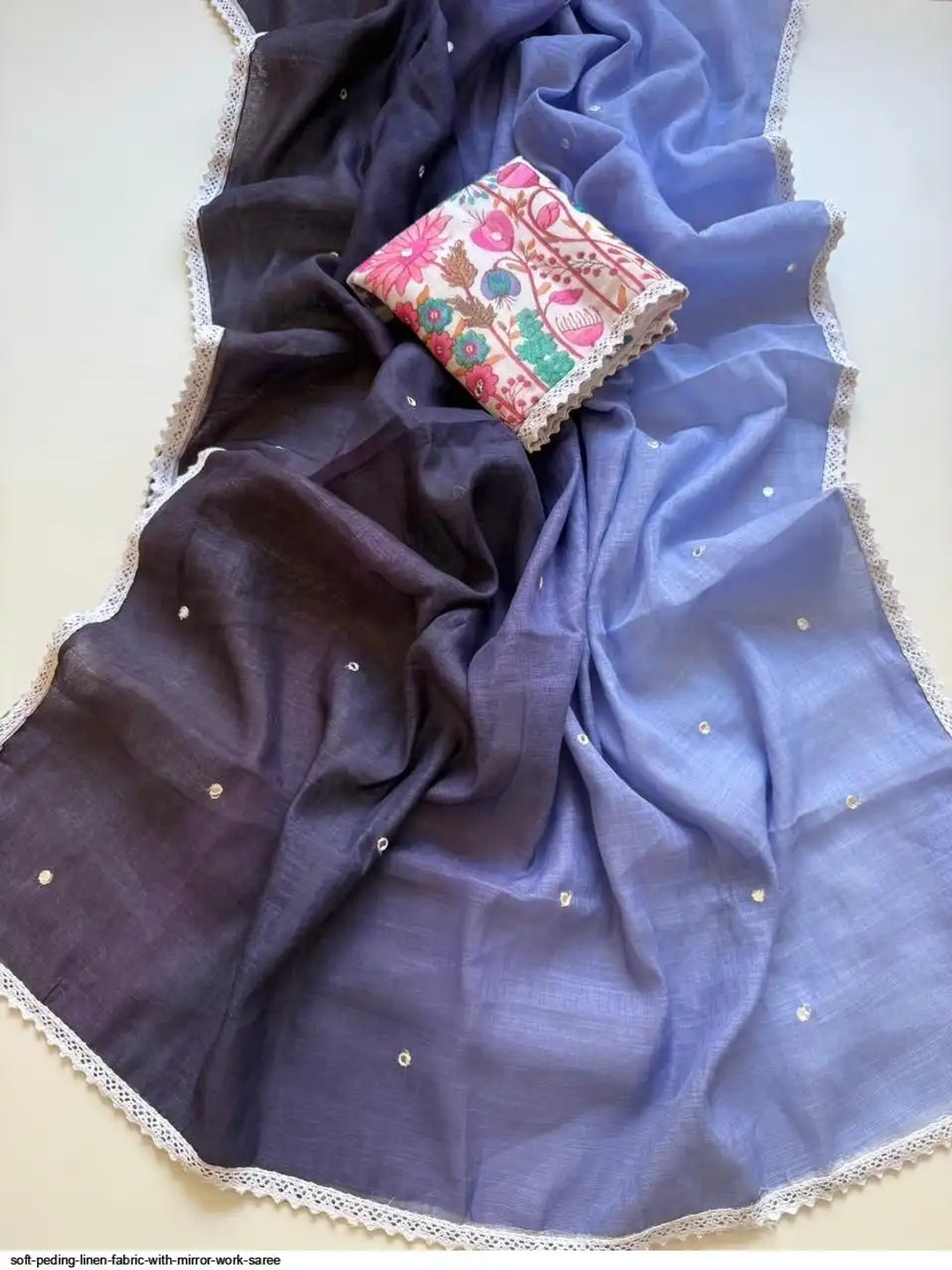 Peachmode Black Lavender Ombre Linen Cotton Saree - Image 4