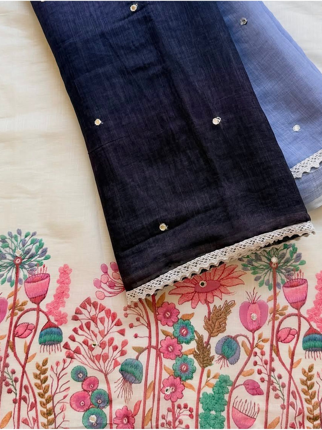 Peachmode Black Lavender Ombre Linen Cotton Saree - Image 5