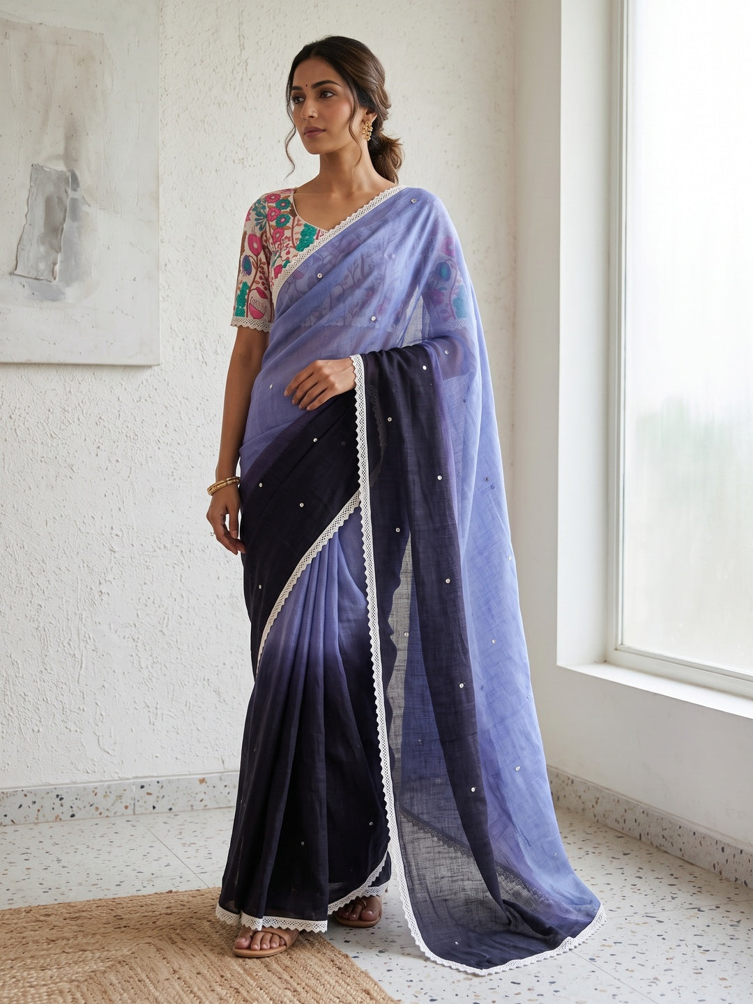 Peachmode Black Lavender Ombre Linen Cotton Saree - Image 1