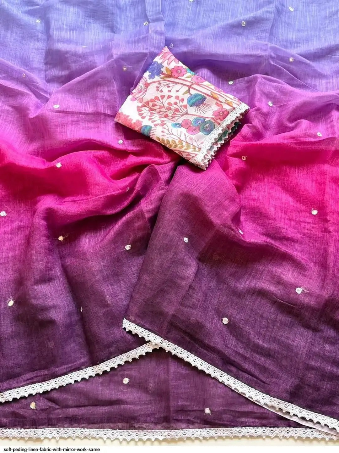 Peachmode Purple Pink Ombre Linen Cotton Saree - Image 3