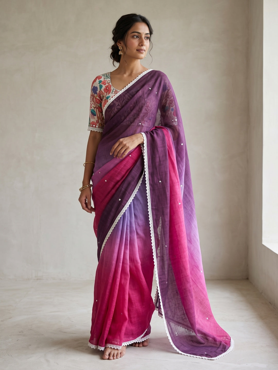 Peachmode Purple Pink Ombre Linen Cotton Saree - Image 1
