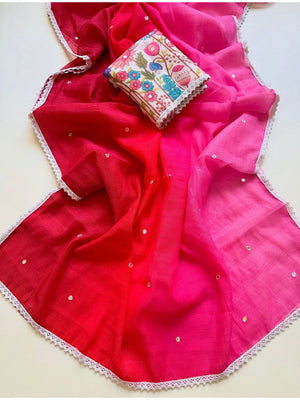 Peachmode Red Pink Ombre Linen Cotton Saree - Image 2