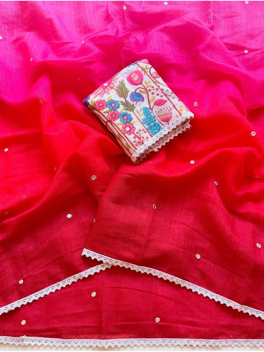 Peachmode Red Pink Ombre Linen Cotton Saree - Image 3
