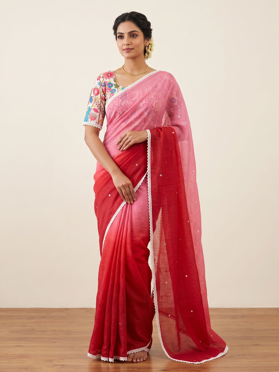 Peachmode Red Pink Ombre Linen Cotton Saree - Image 1