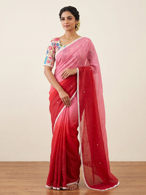 Peachmode Red Pink Ombre Linen Cotton Saree - Image 1