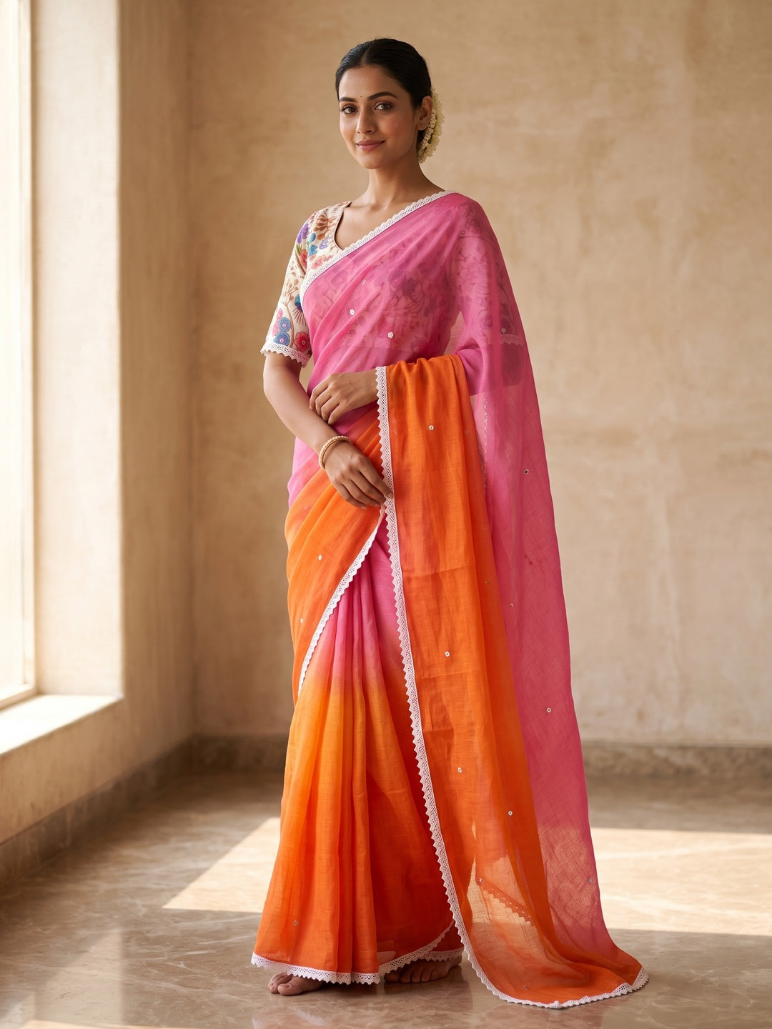 Peachmode Orange Pink Ombre Linen Cotton Saree - Image 1