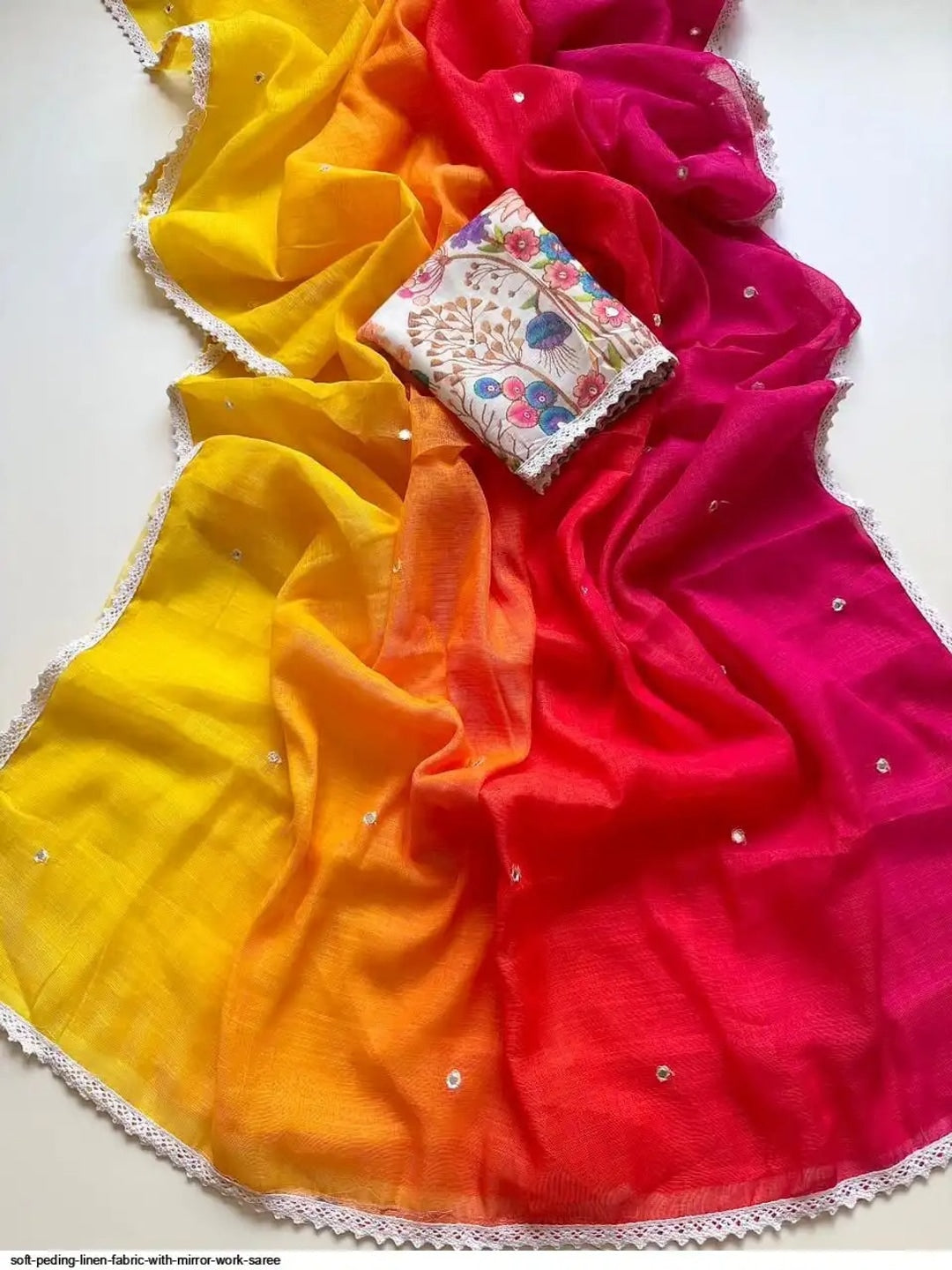 Peachmode Yellow Pink Ombre Linen Cotton Saree - Image 3