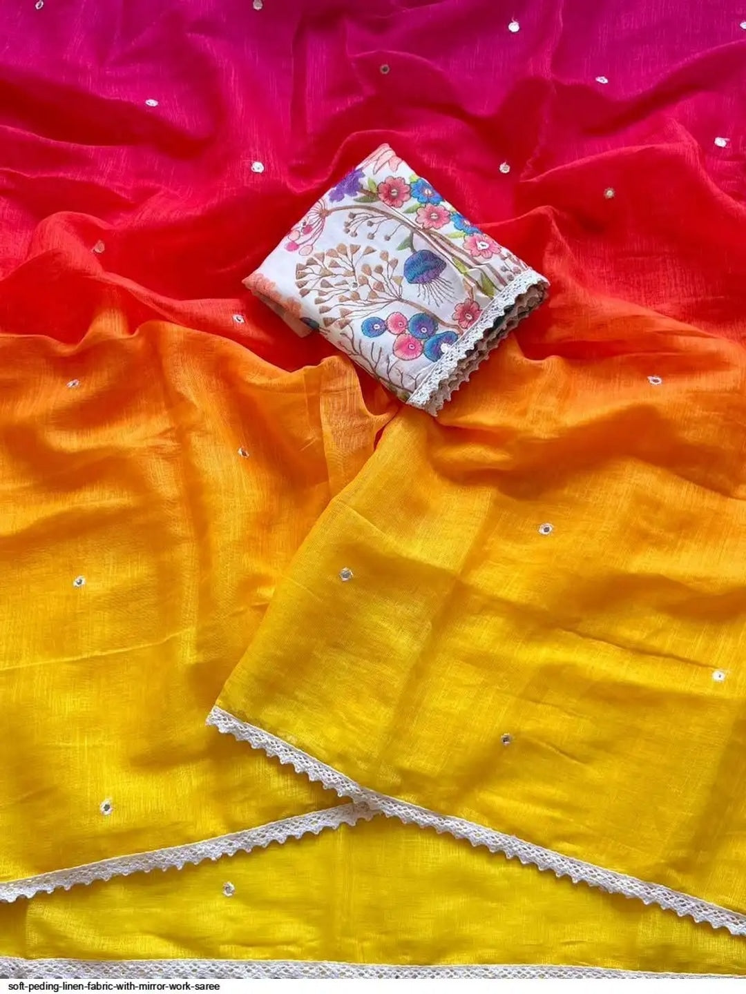 Peachmode Yellow Pink Ombre Linen Cotton Saree - Image 4