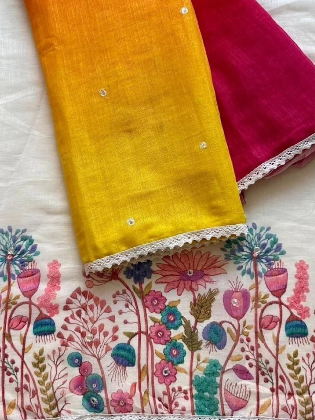 Peachmode Yellow Pink Ombre Linen Cotton Saree - Image 5