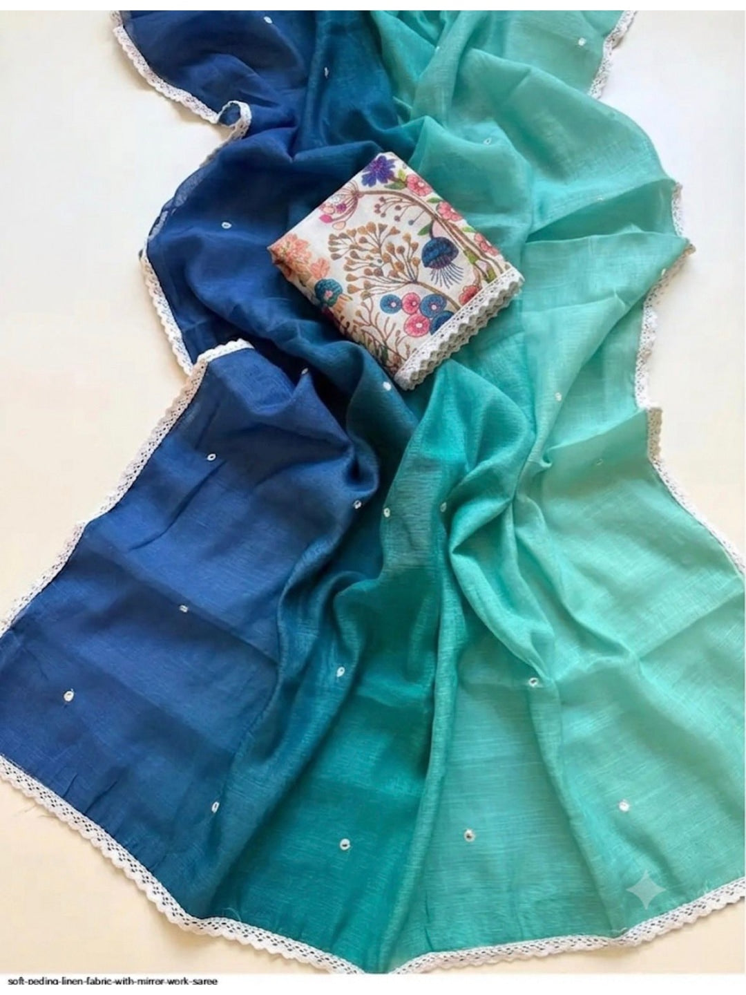 Peachmode Teal Blue Ombre Linen Cotton Saree - Image 3